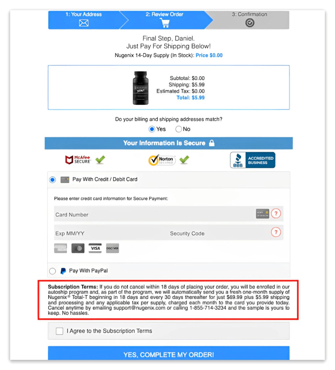 Nugenix Total T checkout page